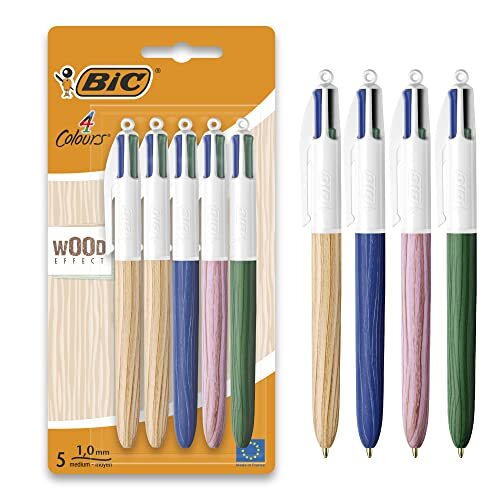 BIC Efecto Madera - Bolígrafos 4 colores que imitan la textura y el aspecto de la madera, 5 unidades