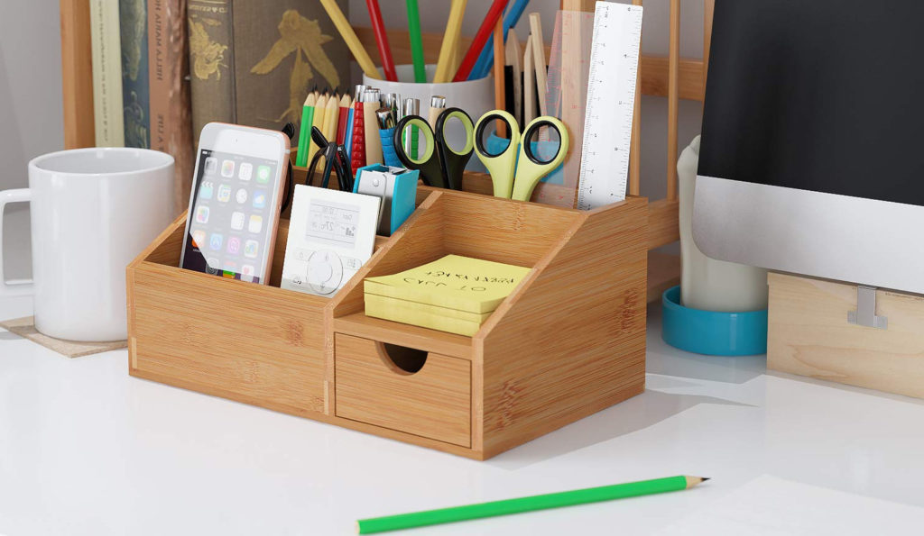 Portalápices de madera para escritorio, organizador de lápices de madera  con 4 compartimentos, organizador de escritorio multifuncional para  lápices