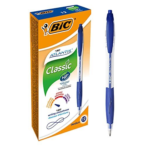 BIC Atlantis Classic - Bolígrafo retráctil de BIC con trazo medio, caja 12 unidades, azul, negro o rojo