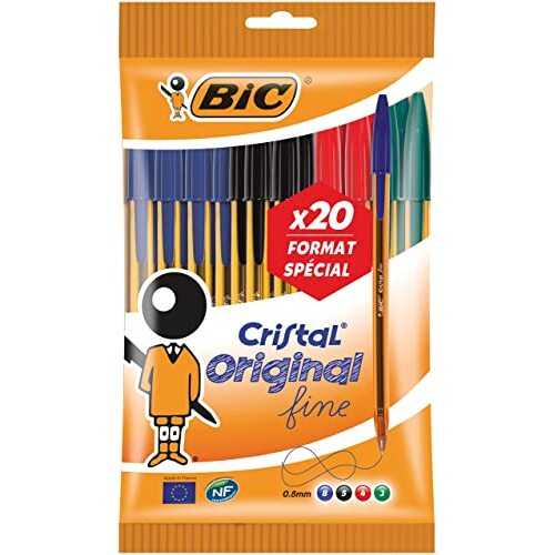 BIC Cristal Fine - Bolígrafo de punta fina con cuerpo traslúcido de color naranja, 0.8 mm, tinta de aceite