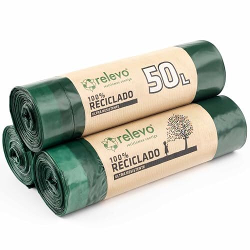 Relevo - Paquete de 3 rollos de 10 bolsas de basura 100 % recicladas de 50 litros Relevo - Paquete de 3 rollos de 10 bolsas de basura 100 % recicladas de 50 litros