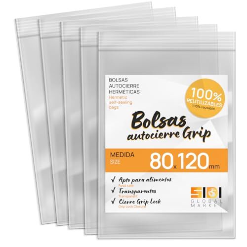 Pack 100 bolsas de plástico autocierre herméticas, transparentes, 80×120 mm Pack 100 bolsas de plástico autocierre herméticas, transparentes, 80×120 mm