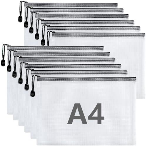 Pack 12 bolsas impermeables con cremallera, para guardar documentos A4, uso escolar y oficina Pack 12 bolsas impermeables con cremallera, para guardar documentos A4, uso escolar y oficina
