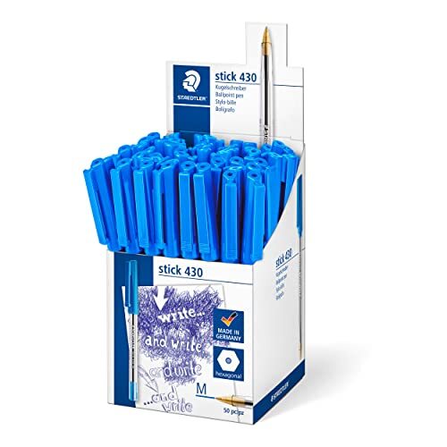 Caja 50 bolígafos de punta media azules - Staedtler Stick 430