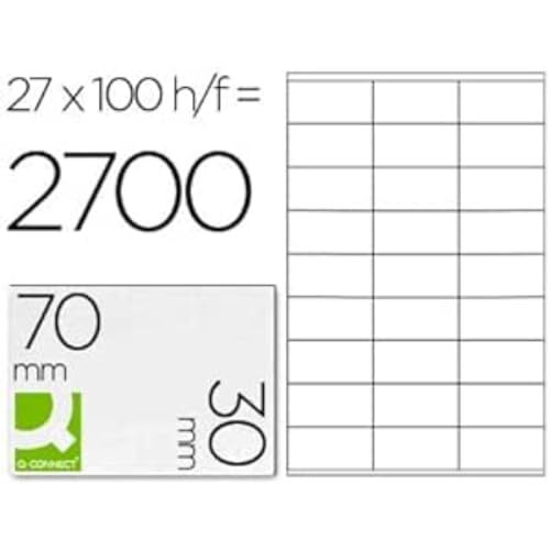 Caja 100 hojas A4 de etiquetas de 70×30 mm para impresora láser o ink-jet - Q-Connect Caja 100 hojas A4 de etiquetas de 70×30 mm para impresora láser o ink-jet - Q-Connect