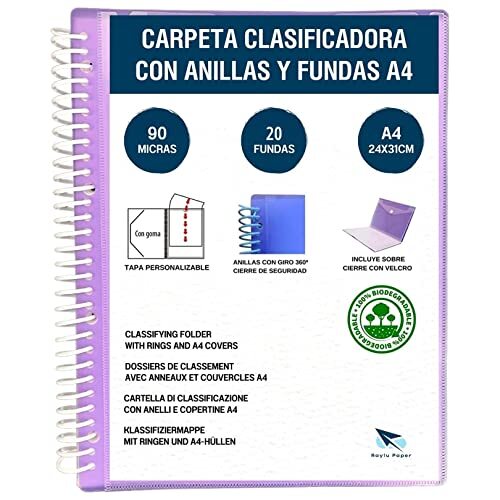 Carpeta clasificadora con anillas y fundas A4, 90 micras, 20 fundas, violeta