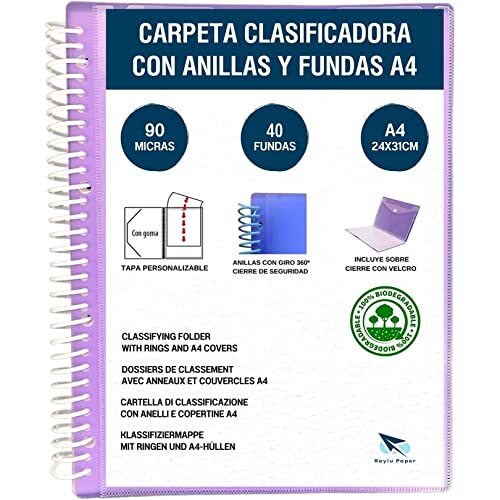 Carpeta clasificadora con anillas y fundas A4, 90 micras,  40 fundas, violeta