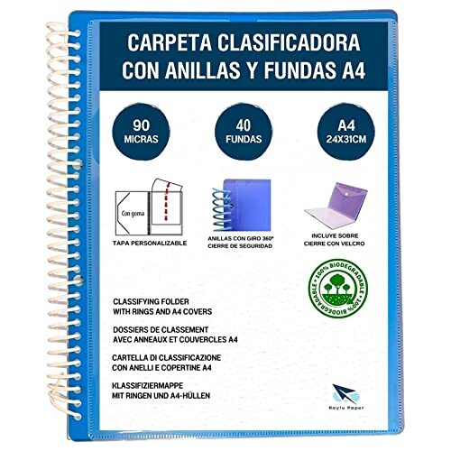 Carpeta clasificadora con anillas y fundas A4, 90 micras, 40 fundas, azul