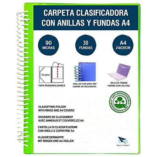 Carpeta clasificadora con anillas y fundas A4, 90 micras, 30 fundas, verde