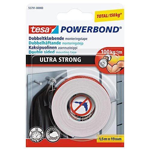 Tesa PowerBond - Cinta de doble cara ultrafuerte, 100 kg/m, 19 mm × 1.5 m Tesa PowerBond - Cinta de doble cara ultrafuerte, 100 kg/m, 19 mm × 1.5 m