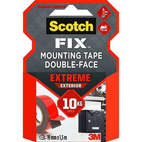 3M Scotch-Fix - Cinta adhesiva de doble cara para montajes exteriores, fuerza extrema (10 kg), 19 mm × 1.5 m 3M Scotch-Fix - Cinta adhesiva de doble cara para montajes exteriores, fuerza extrema (10 kg), 19 mm × 1.5 m