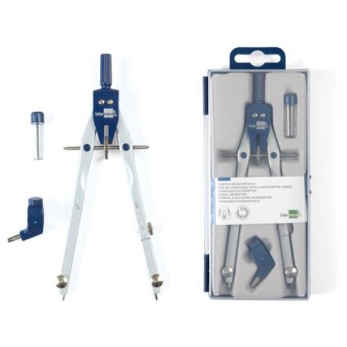 Compás con ajuste micrométrico rápido, adaptador universal y bote minas Compás con ajuste micrométrico rápido, adaptador universal y bote minas