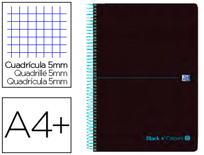 Cuaderno Oxford 8 asignaturas A4+ 160h 5x5 negro/turquesa