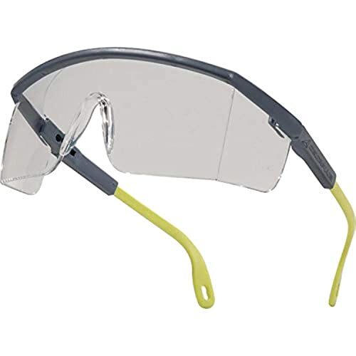 Delta Plus - Gafas protectoras UV400, de policarbonato monobloque incoloro, patillas de color gris y amarillo