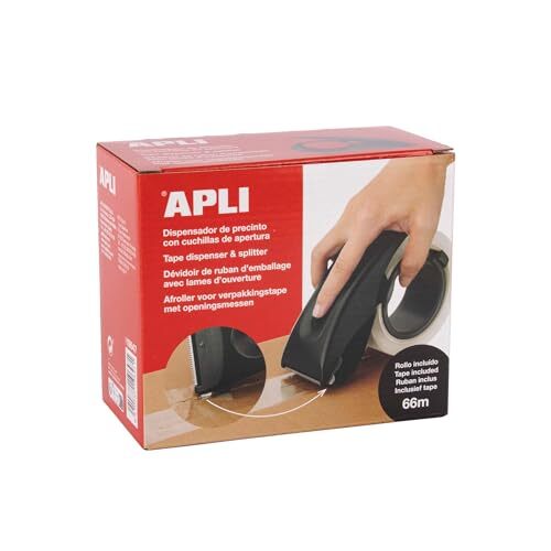 APLI 19647 - Dispensador 2 en 1 de cinta de embalar más cuchilla para abrir cajas de cartón, rollo de precinto incluido