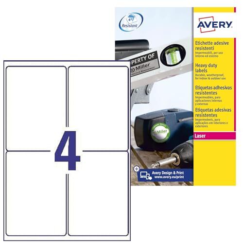 Avery - Caja 8 h. con 4 etiquetas blancas imprimibles de poliéster (resistentes al agua) de 99.1 × 139 mm Avery - Caja 8 h. con 4 etiquetas blancas imprimibles de poliéster (resistentes al agua) de 99.1 × 139 mm