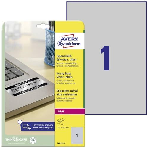 Avery - Set 8 hojas etiquetas adhesivas de seguridad en color plata, 210 × 297 mm Avery - Set 8 hojas etiquetas adhesivas de seguridad en color plata, 210 × 297 mm
