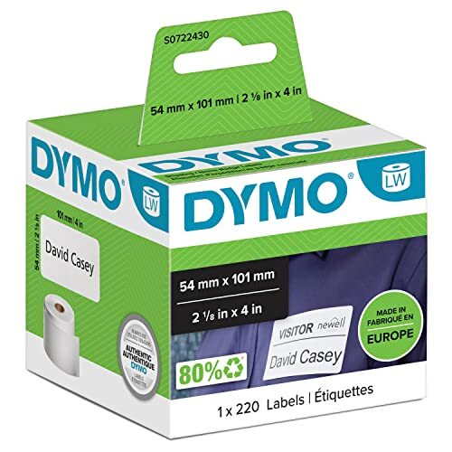 Dymo LabelWriter - rollo de 220 etiquetas de 54 × 101 mm, blancas, dorso fácil de despegar Dymo LabelWriter - rollo de 220 etiquetas de 54 × 101 mm, blancas, dorso fácil de despegar