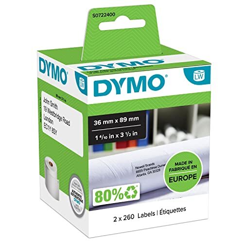 Dymo LabelWriter - 2 rollos de 260 etiquetas de 36×89 mm, blancas, negro sobre blanco Dymo LabelWriter - 2 rollos de 260 etiquetas de 36×89 mm, blancas, negro sobre blanco