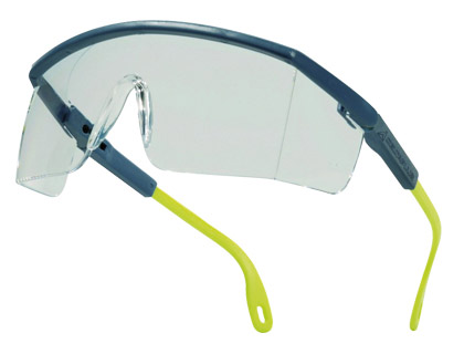 Gafas protectoras UV400, de policarbonato monobloque incoloro, patillas de color gris y amarillo