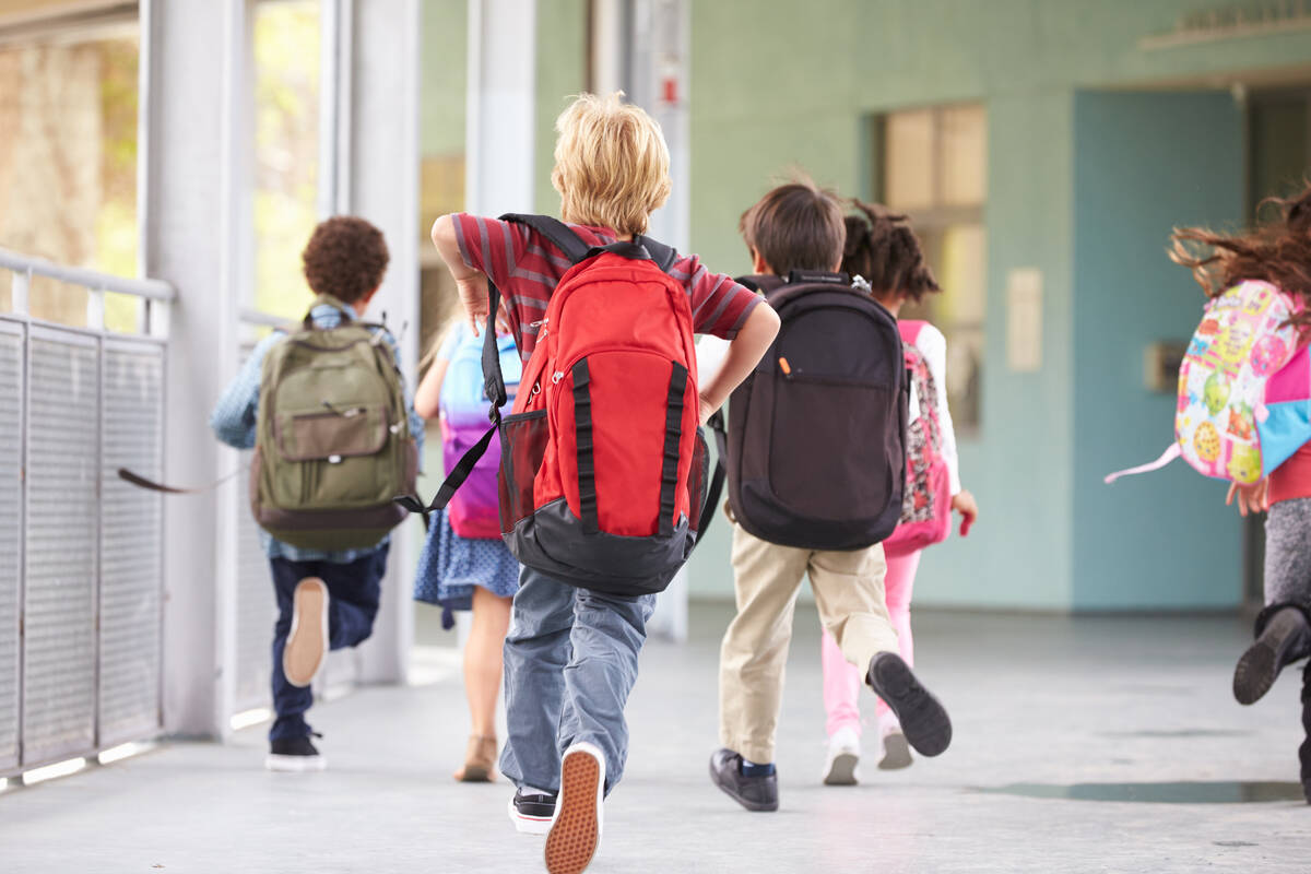 grupo de niños en el colegio con mochilas a los hombros