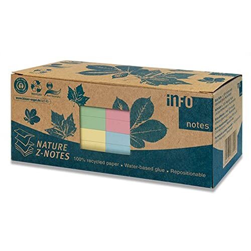 Info Notes Nature Z-Notes - Notas de papel reciclado con certificado Ángel Azul y adhesivo reposicionable basado en agua, 75×75 mm, 12 blocs de 100 hojas, colores pastel Info Notes Nature Z-Notes - Notas de papel reciclado con certificado Ángel Azul y adhesivo reposicionable basado en agua, 75×75 mm, 12 blocs de 100 hojas, colores pastel