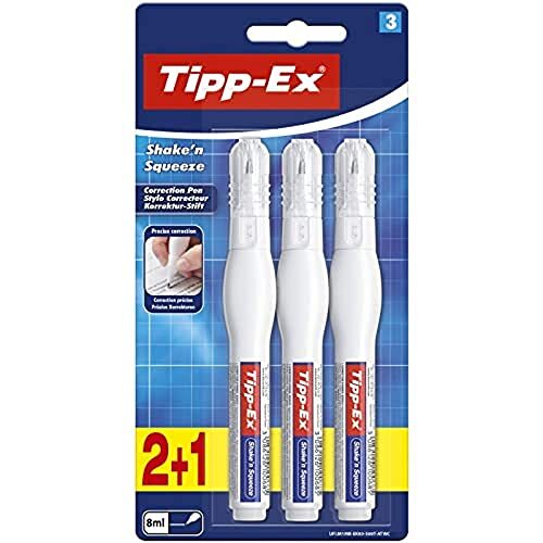 Tipp-Ex Shake'n Squeeze - Pack de tres lápices correctores Tipp-Ex de 8 ml, ideal para corregir faltas pequeñas en el acto Tipp-Ex Shake'n Squeeze - Pack de tres lápices correctores Tipp-Ex de 8 ml, ideal para corregir faltas pequeñas en el acto