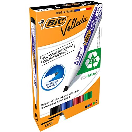BIC Velleda 1751 ECOlutions - Juego 4 marcadores de pizarra Bic Velleda, punta biselada, 4 colores BIC Velleda 1751 ECOlutions - Juego 4 marcadores de pizarra Bic Velleda, punta biselada, 4 colores