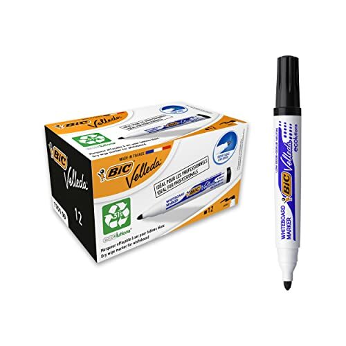 BIC Velleda Ecolutions 1701 - Caja 12 marcadores negros, punta redonda media, 51 % material reciclado BIC Velleda Ecolutions 1701 - Caja 12 marcadores negros, punta redonda media, 51 % material reciclado