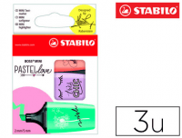 Pack tres marcatextos Stabilo® Boss Mini Pastel Love Violeta, Melocotón, Menta
