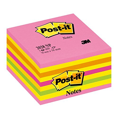 Cubo de 450 notas Post-It en colores Neón, cuadradas (76 mm), ideal para recordar tareas Cubo de 450 notas Post-It en colores Neón, cuadradas (76 mm), ideal para recordar tareas