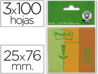 Notas Post-It ecológicas de 25x76mm, verde, naranja y mandarina