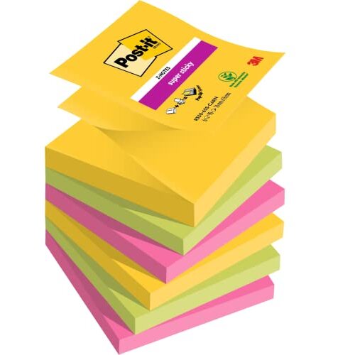 Paquete 6 blocs notas Post-It Super Sticky en zigzag, gama Río de Janeiro, 76 mm, 90 h./bloc Paquete 6 blocs notas Post-It Super Sticky en zigzag, gama Río de Janeiro, 76 mm, 90 h./bloc