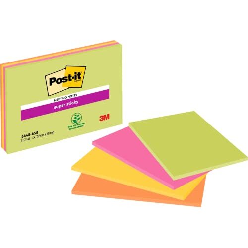 Pack 4 blocs (amarillo, naranja, rosa y verde) con 45 notas Post-It superadhesivas de 152×101 mm Pack 4 blocs (amarillo, naranja, rosa y verde) con 45 notas Post-It superadhesivas de 152×101 mm