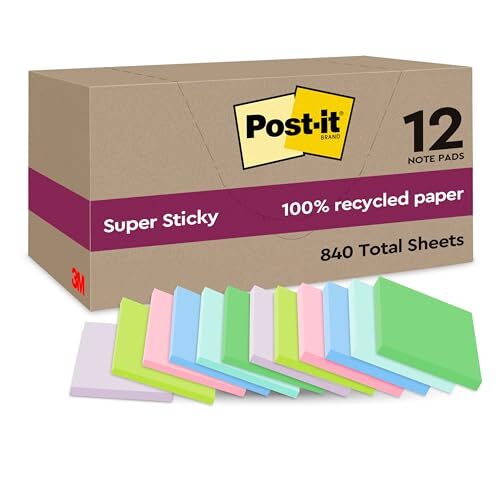 Pack 840 pósits superadhesivos de colores en papel reciclado - 12 blocs de 70 notas cuadradas de 47.6 mm Pack 840 pósits superadhesivos de colores en papel reciclado - 12 blocs de 70 notas cuadradas de 47.6 mm