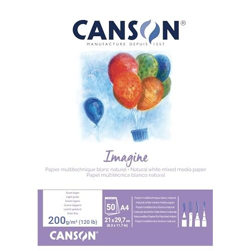 Canson Imagine - Bloc papel dibujo mix media, grano ligero, 200 g, 50 hojas blanco natural, A4 Canson Imagine - Bloc papel dibujo mix media, grano ligero, 200 g, 50 hojas blanco natural, A4