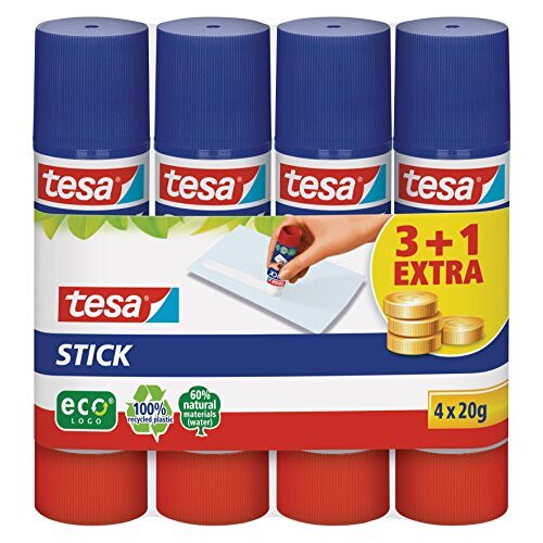 Tesa Stick - Set 4 pegamentos de barra ecológicos, lavable con agua fría, 20 g, uso escolar y oficina Tesa Stick - Set 4 pegamentos de barra ecológicos, lavable con agua fría, 20 g, uso escolar y oficina