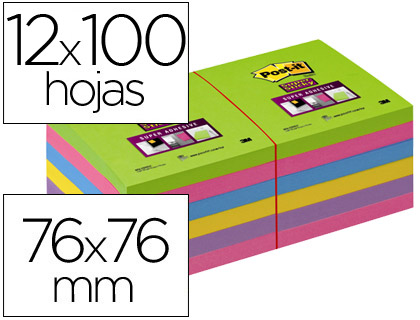 Post-it super sticky colores ultra, 76x76 mm, 12 blocs, verde rosa amarillo