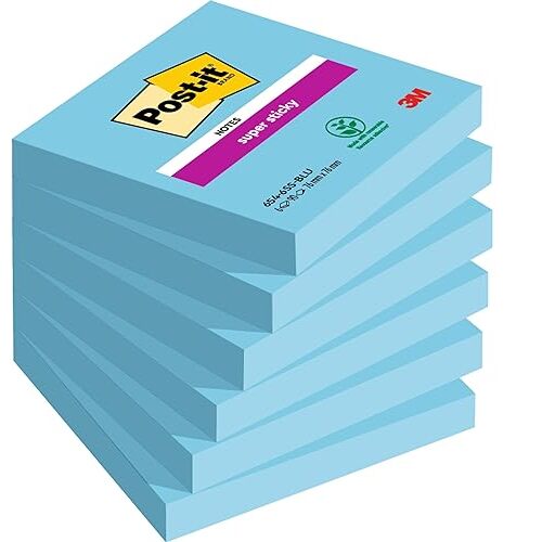 Paquete 6 blocs Post-It Super Sticky, azules, 76×76 mm, 90 notas/bloc