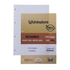 Recambio papel reciclado A4, 100h cuadriculadas 4x4, margen, 90g 