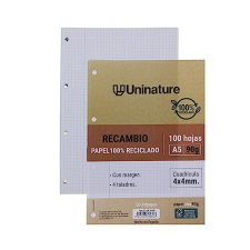 Recambio papel reciclado A5, 100h cuadriculadas 4x4, margen, 90g