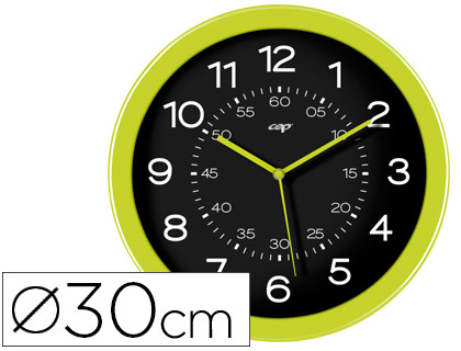 Reloj con fondo negro y marco de color verde kiwi de 30 cm ⌀