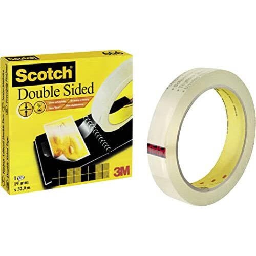 Scotch Double Sided - Rollo de cinta adhesiva doble cara, 19 mm × 33 m, fuerte y duradera Scotch Double Sided - Rollo de cinta adhesiva doble cara, 19 mm × 33 m, fuerte y duradera