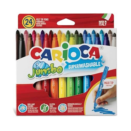 Carioca Jumbo Superwashable - Caja 24 rotuladores colores superlavables, punta ø 6 mm, hechos en Italia Carioca Jumbo Superwashable - Caja 24 rotuladores colores superlavables, punta ø 6 mm, hechos en Italia