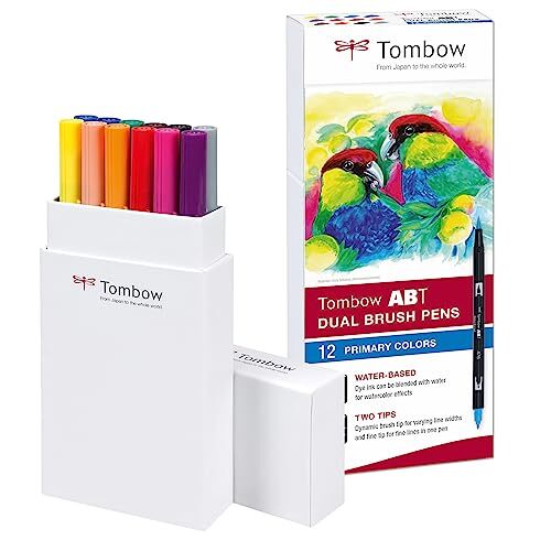Tombow ABT - Caja 12 rotuladores acuarelables de doble punta con pincel, colores primarios Tombow ABT - Caja 12 rotuladores acuarelables de doble punta con pincel, colores primarios