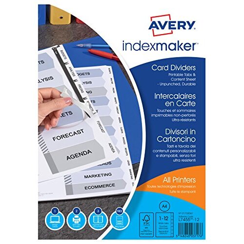 Avery - Separadores de cartulina 12 pestañas, A4, imprimibles, certificado FSC Avery - Separadores de cartulina 12 pestañas, A4, imprimibles, certificado FSC