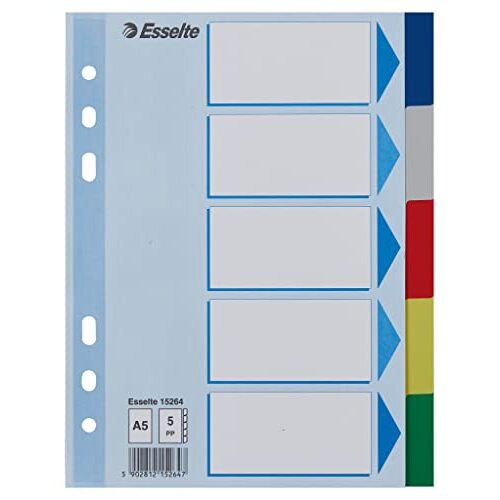 Esselte - Separadores de plástico (polipropileno) para carpetas A5, multicolor Esselte - Separadores de plástico (polipropileno) para carpetas A5, multicolor