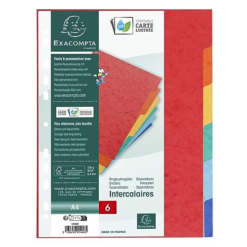 Exacompta - Juego 6 separadores en cartulina reciclada de 180 g/m², Din A4 Exacompta - Juego 6 separadores en cartulina reciclada de 180 g/m², Din A4