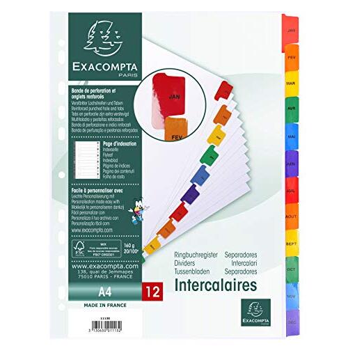 Exacompta - Juego 12 separadores en cartulina blanca, 160 g/m², 12 pestañas impresas con los meses, A4 Exacompta - Juego 12 separadores en cartulina blanca, 160 g/m², 12 pestañas impresas con los meses, A4