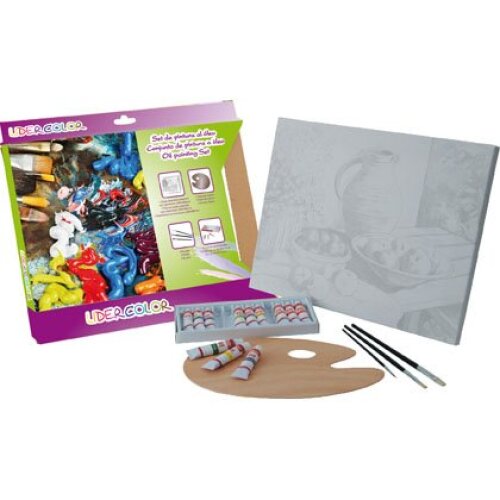 Lidercolor - Set de pintura, incluye lienzo 30×40 cm, paleta madera, 3 pinceles y 12 tubos de óleo de 12 ml Lidercolor - Set de pintura, incluye lienzo 30×40 cm, paleta madera, 3 pinceles y 12 tubos de óleo de 12 ml